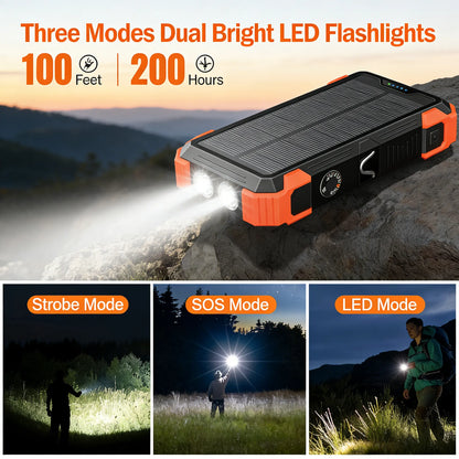 Portable Charger 42800mAh Built in 4 Cables and Thermometer 15W Fast Charging Power Bank Five Outputs Three Inputs Solar Charger Power Bank, SOS/Strobe/Strong Flashlights, Carabiner
