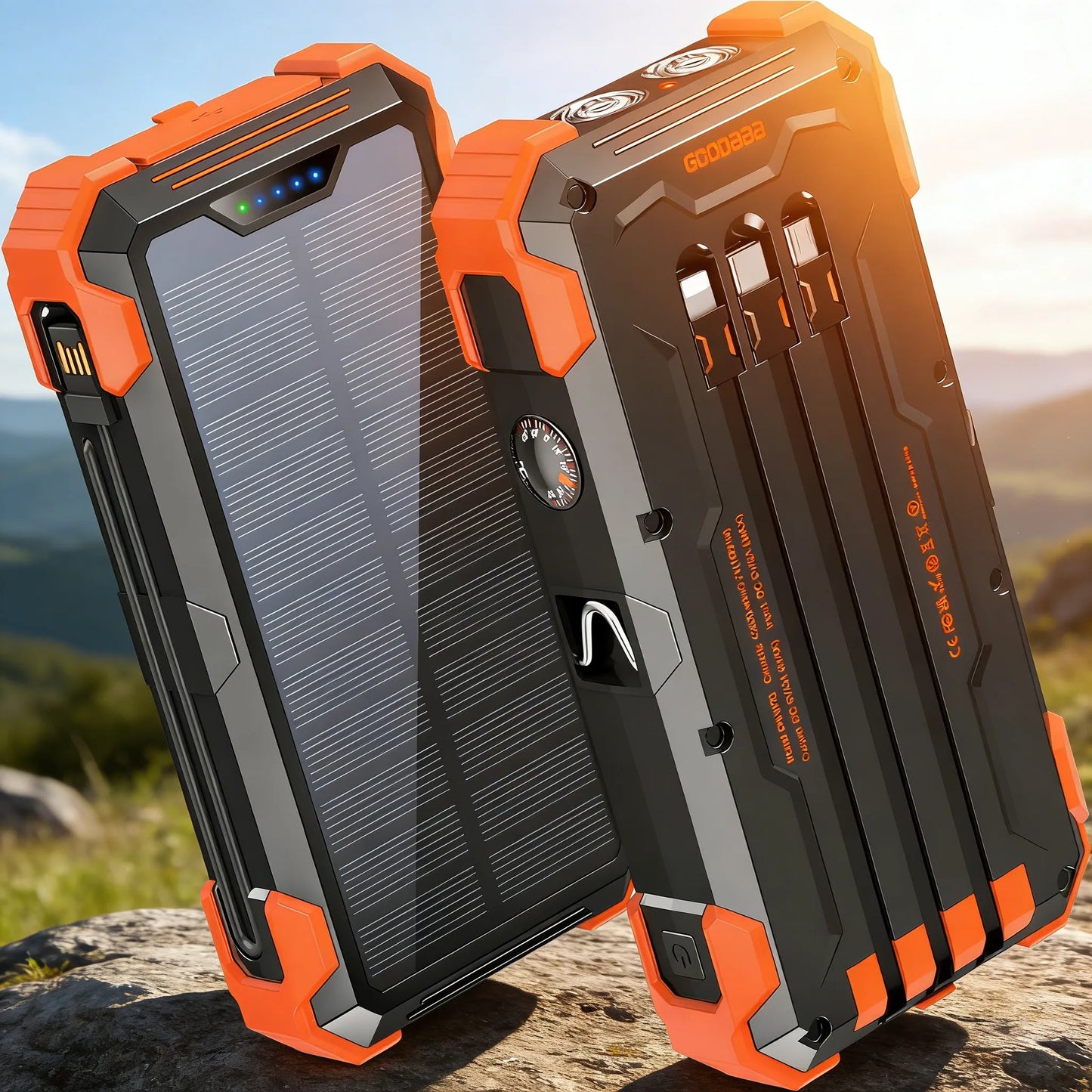 Portable Charger 42800mAh Built in 4 Cables and Thermometer 15W Fast Charging Power Bank Five Outputs Three Inputs Solar Charger Power Bank, SOS/Strobe/Strong Flashlights, Carabiner