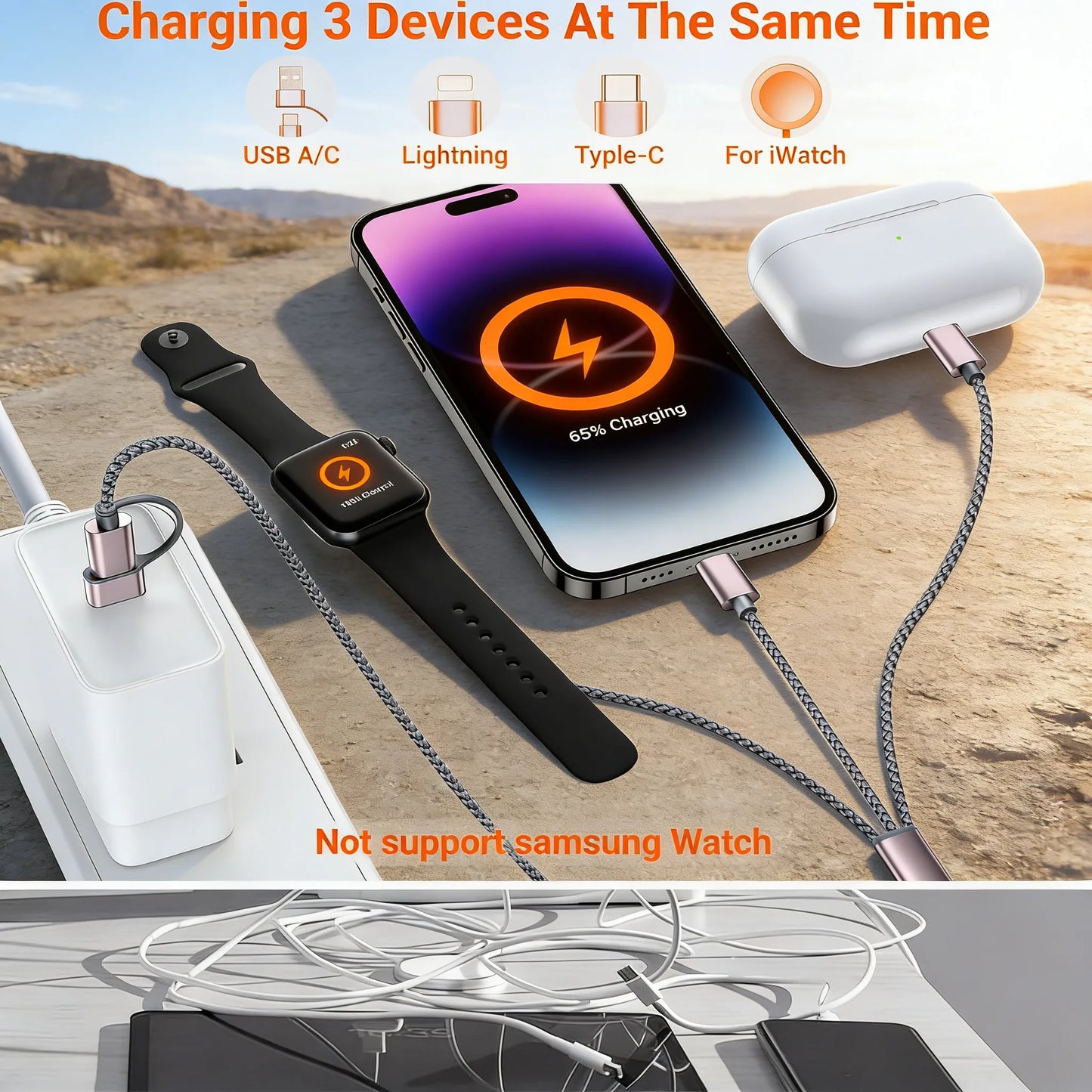 ravel Essentials,3 in 2 USB C Cable for Apple Watch Charger/iPhone 17 Charger/Lightning,Multi Charging Cable Cord,Vacation Camping Essentials,Portable Designed for iWatch &iPhone 16-12-4FT