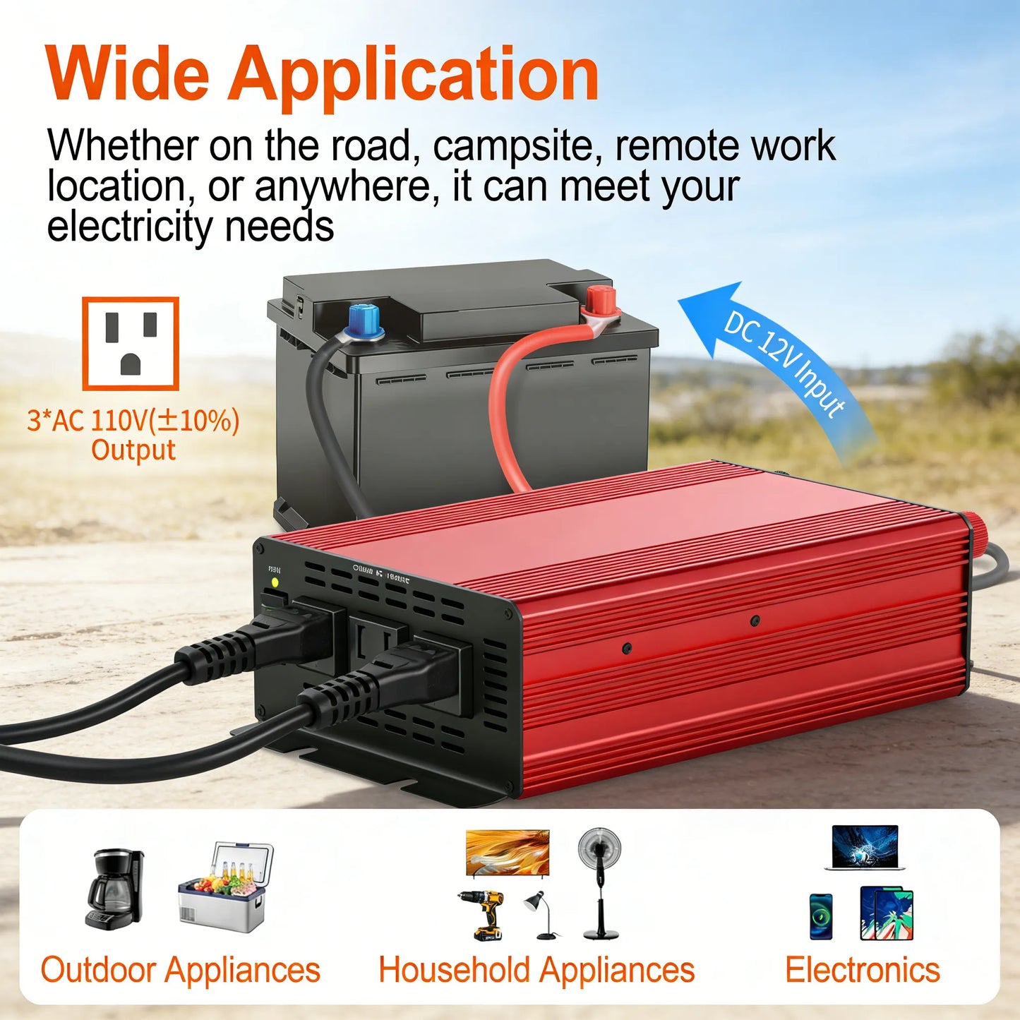 1000W Power Inverter 12v to 110v, DC to AC Converter with 3 AC Outlet, 1000 Watt Inverter for 12v Truck/Rv/Camping/Home/Emergency Power