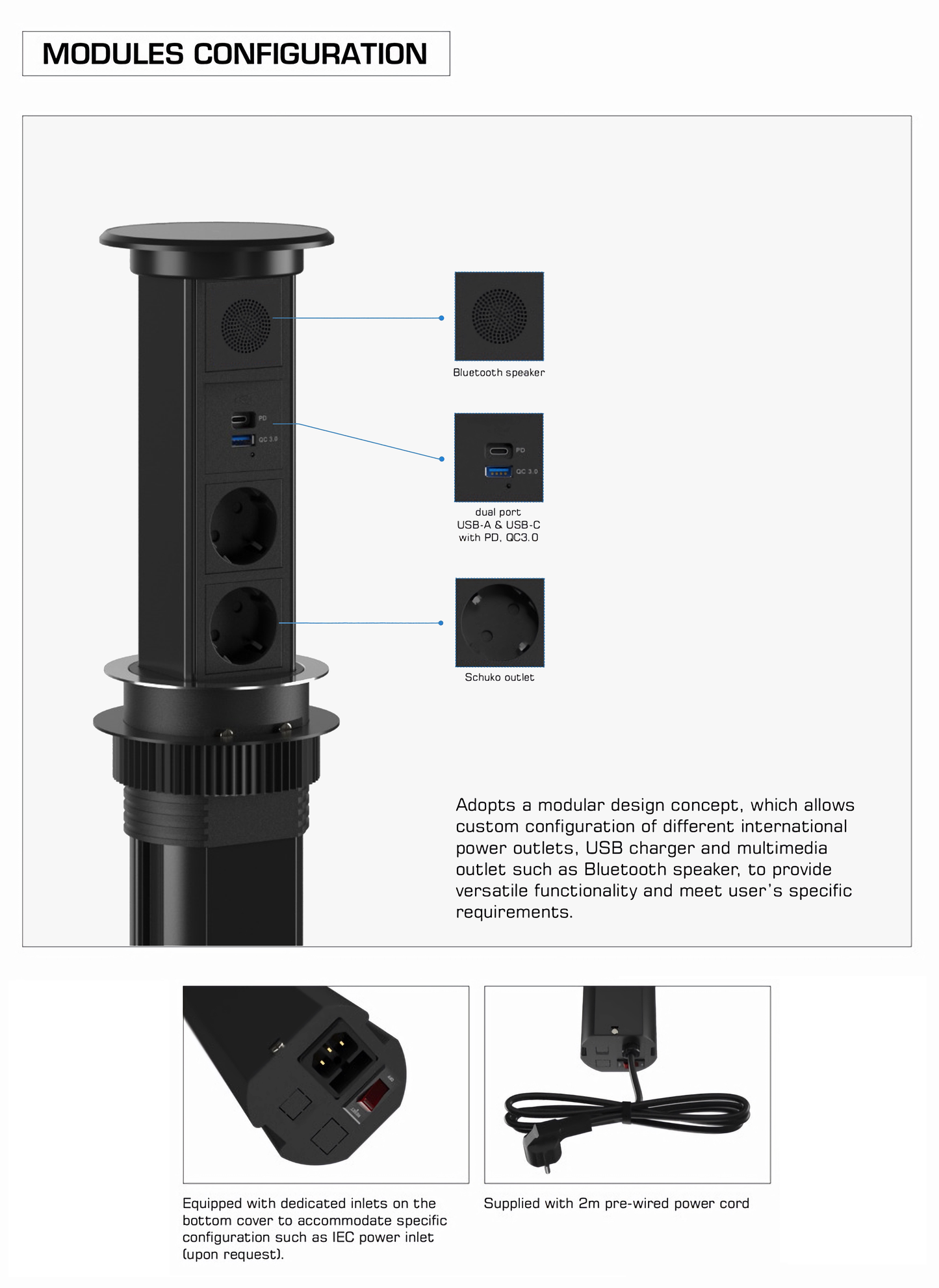 Motorisert Pop-Up Strømsøyle med USB+C PD65W, Bluetooth-høyttalere og 15W trådløs lading